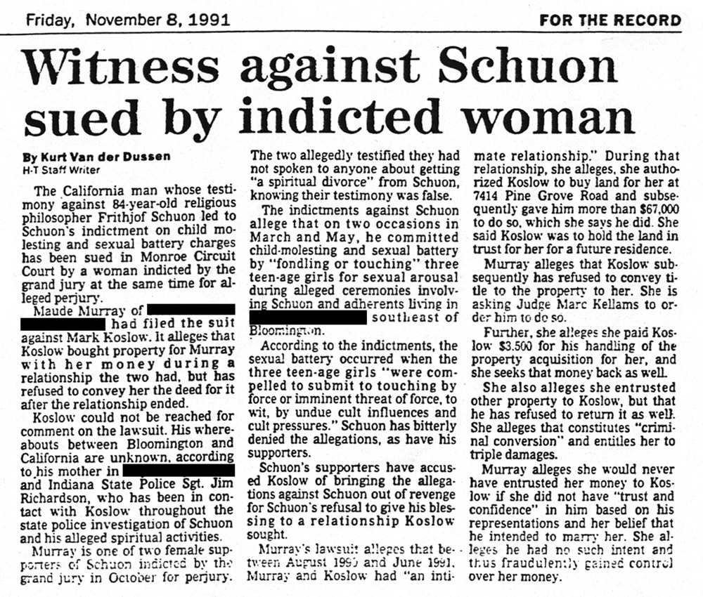image of the newspaper article ‘Witness against Schuon sued by indicted woman ’